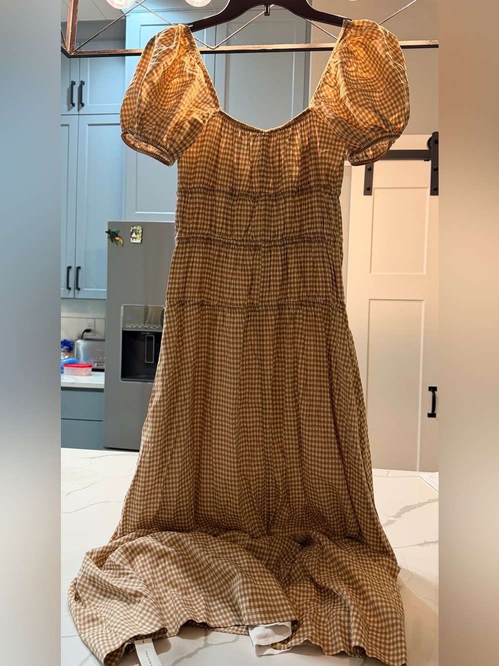 Reformation Gingham Puff-Sleeve Maxi Dress in Camel Check - Picture 3 of 4